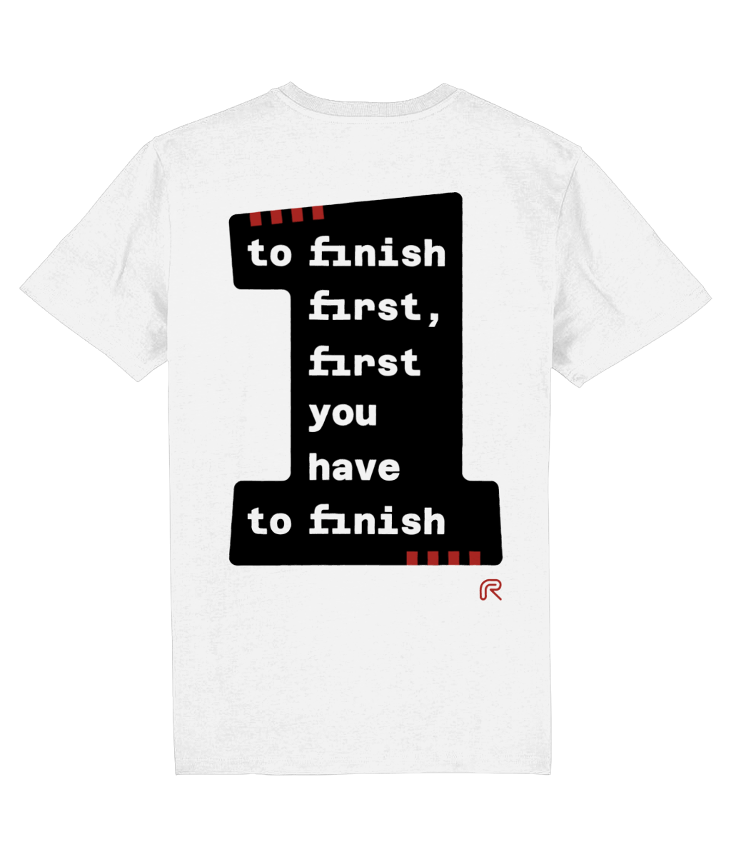 T-shirt "To finish first" Achterzijde-Zwart
